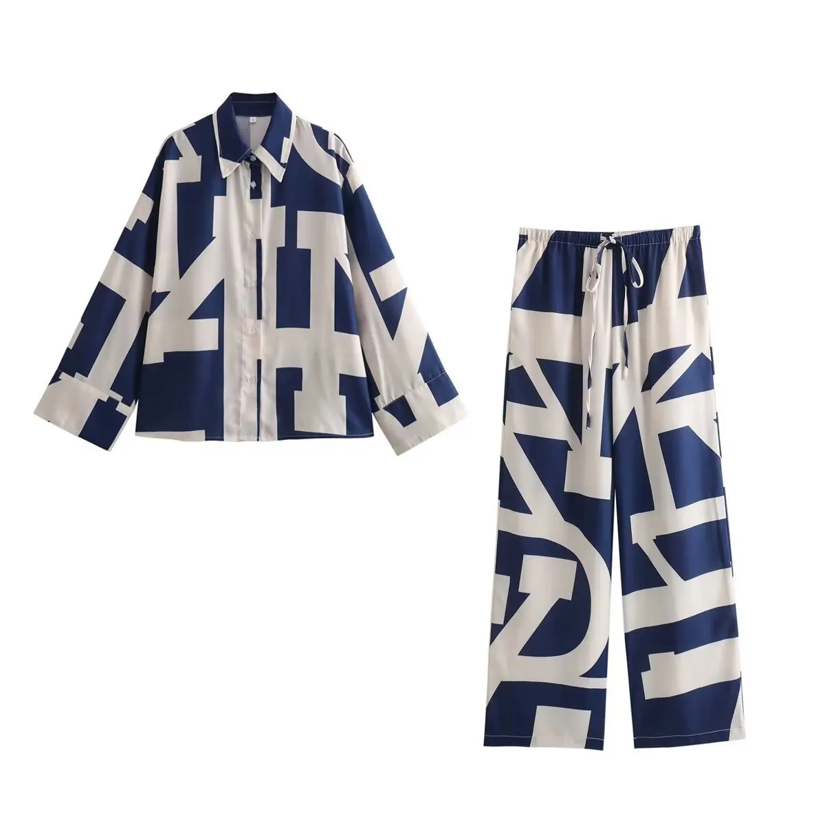 

Summer Women Clothing Set European And American Home Casual Two-piece Set Women Letter Print Cardigan Shirt + Wide-leg Trousers