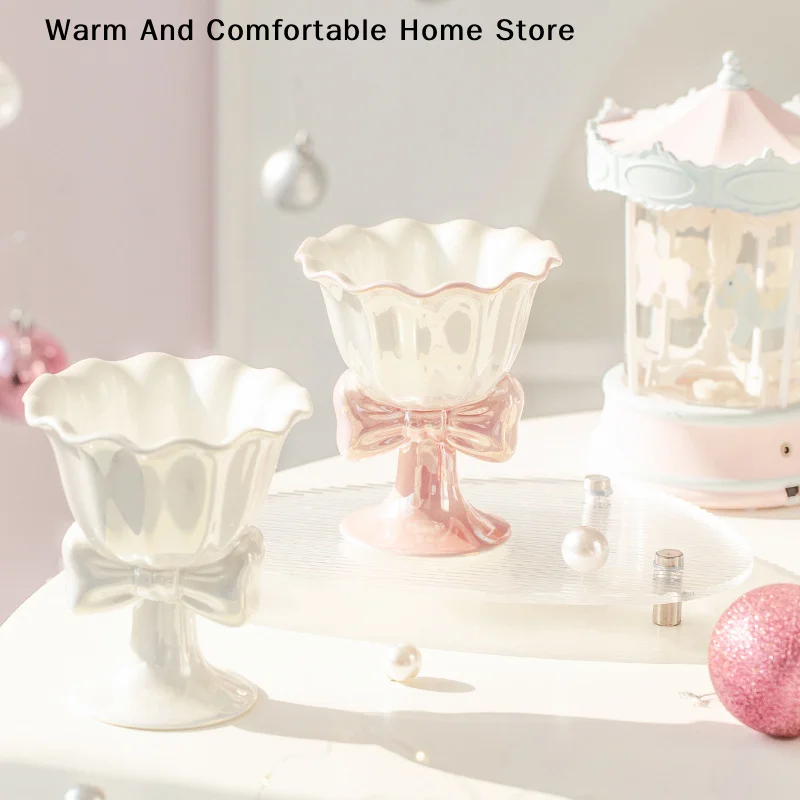 180ml Bowknot Ceramic Ice Cream Cup Exquisite Dessert Cup Milk Mug Drinkware Photo Props Birthday Gift Girls Gift Party Favors