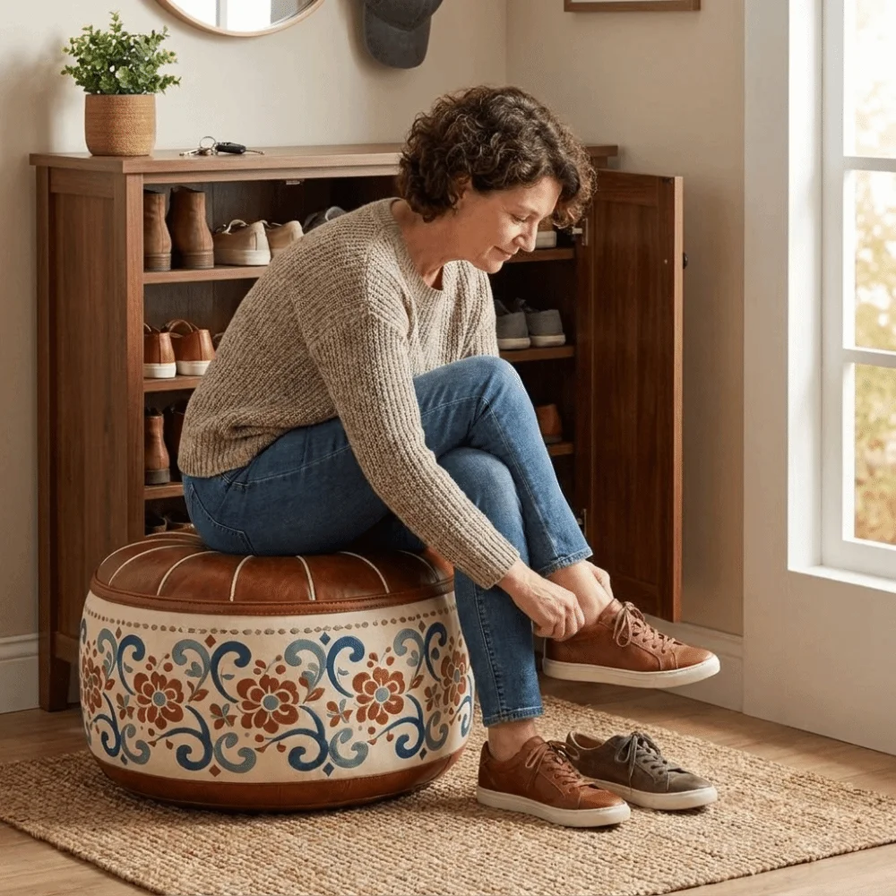 Multipurpose Boho Style Sofa Stool Cover PU Leather Unstuffed Storage Ottoman Foldable Waterproof Pouf Cover Bedroom
