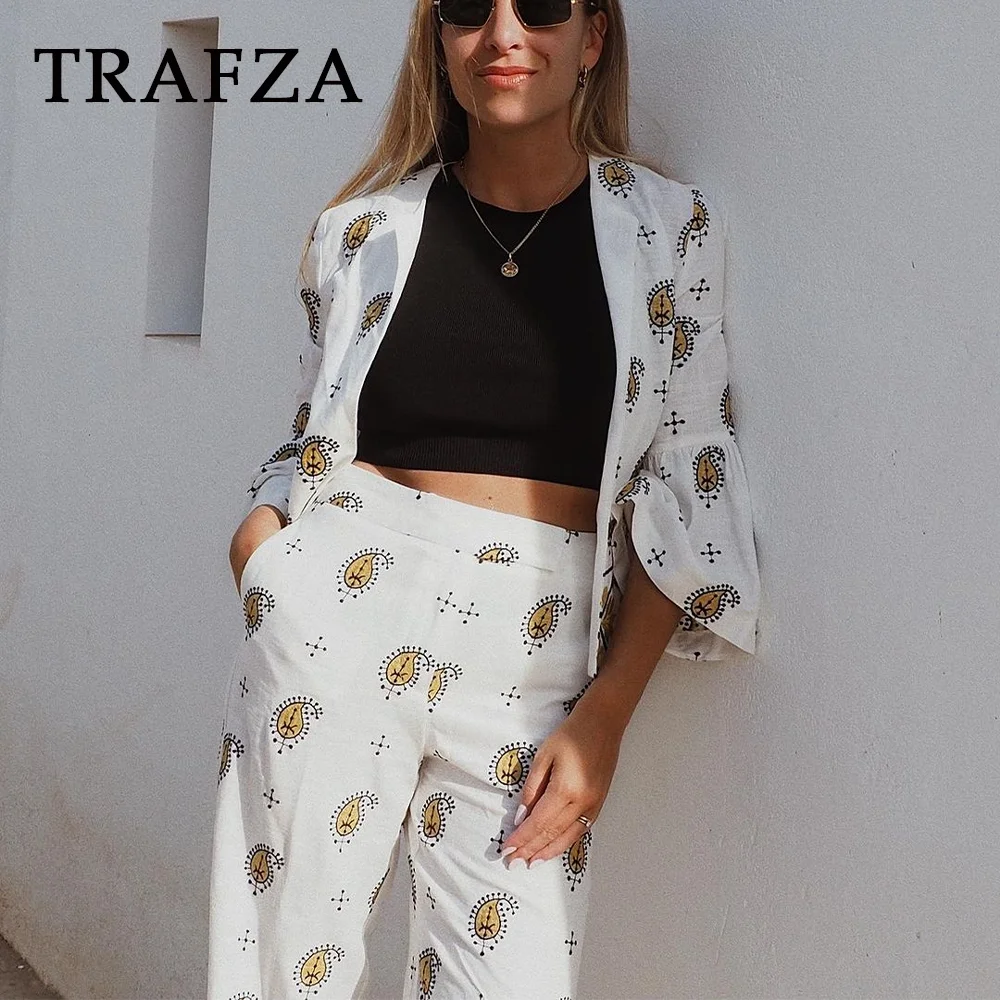 TRAFZA 2024 Spring Summer Casual Women Embroidery Suits Fashion Solid Flare Sleeve Open Stitch Blazers+Mid Waist Wide Leg Pants