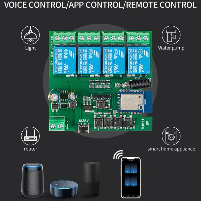 DT51 4CH Tuya WiFi Smart Switch 7-32V 5V 2.4G Smartlife Home Automation Module for Alexa for Google Home