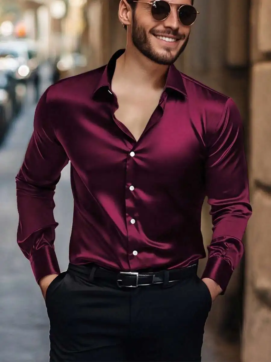 

Men's Solid Satin Long Sleeve Button-Up Shirt for Fall Casual Wear