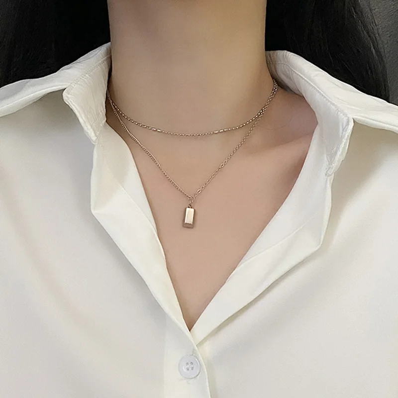 Fashion Silver Color Ingot Pendant Double Layered Chain Necklaces For Women Minimalist Necklace Jewelry