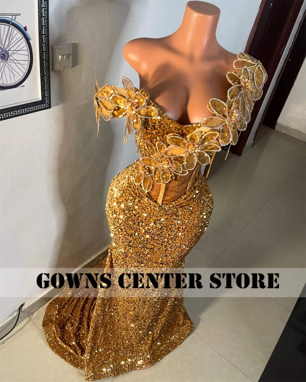 Sparkle Golden Aso Ebi African Evening Dresses Ruched Off The Shoulder Mermaid Formal Party Gowns Luxury Women 2025 Customized image 6