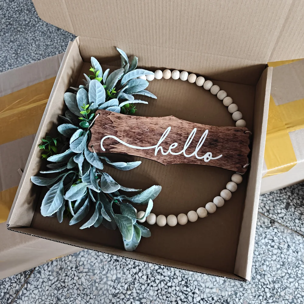Artificial Modern Hello Wood Bead Wreath Home Door Wall Window Garden Decor Faur Greenery Garland Rattan Decoration Sign Gifts