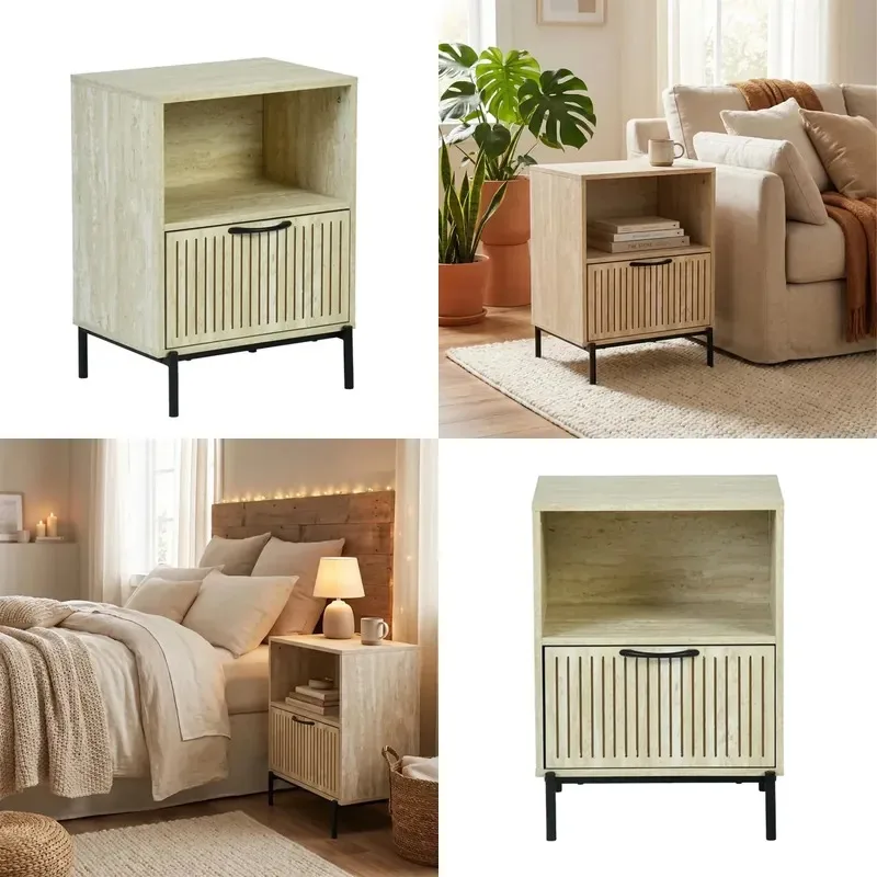 Modern Front Bedside Table with Groove and Open Shelf Limestone Veneer Black Metal Legs Bedroom Furniture Wholesale Bulk
