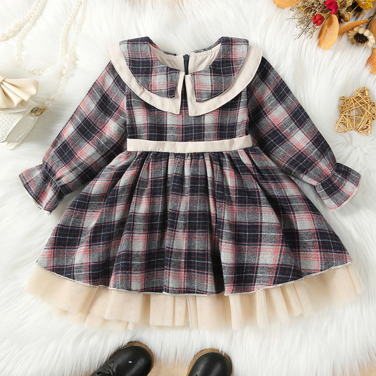 0-5Y Christmas Princess Kids Girls Autumn Dress 3 Colors Peter Pan Collar Long Sleeve Plaid Print Lace Tulle Tutu Bowknot Dress