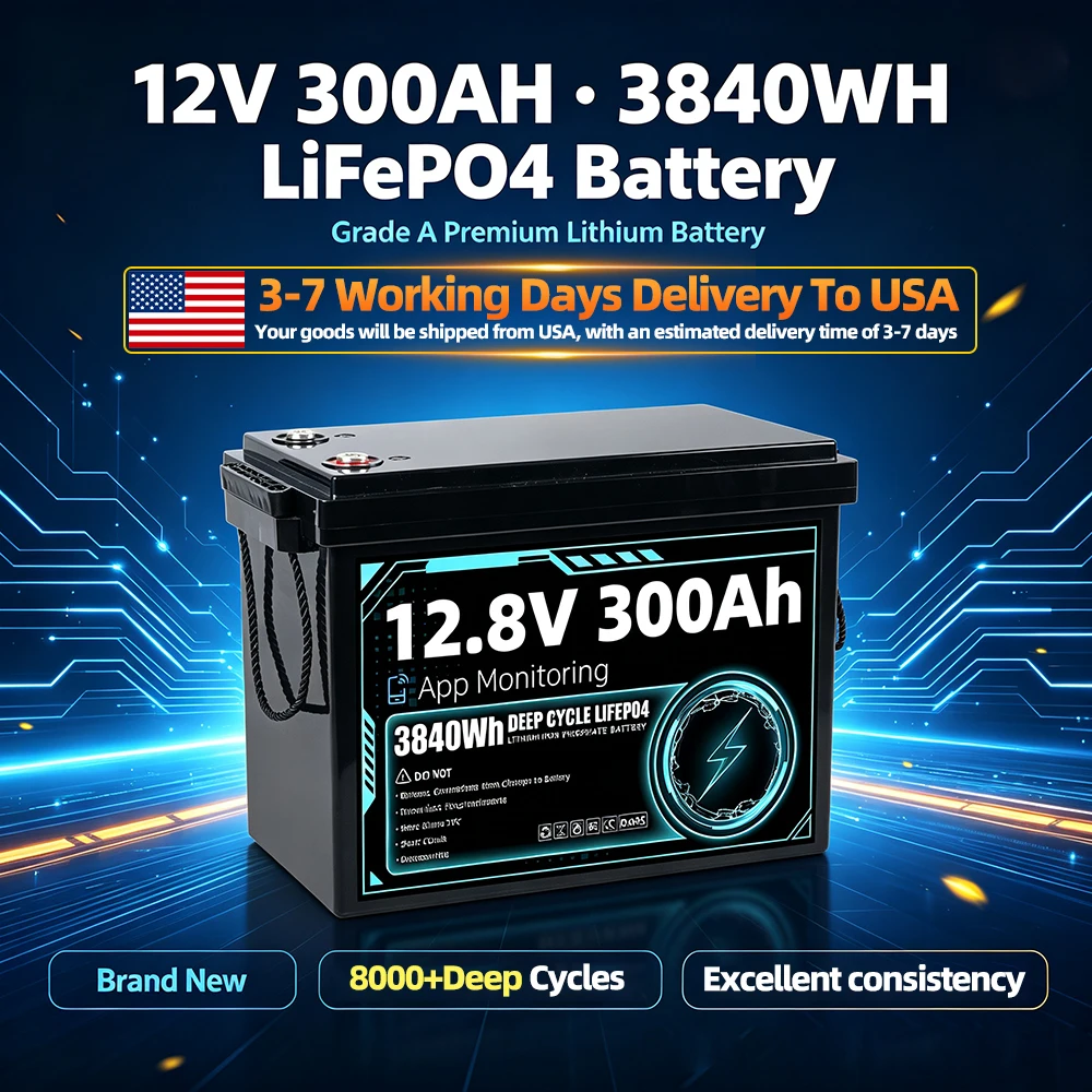 APP Monitoring 3840Wh 12V 300Ah  LiFePO4 Battery Pack With  Low Temp Cut off - Built-in 200A BMS - 8000 Cycle Deep Cycle for Campeing Off-grid RV/Vans/Trolling Motor  US Warehouse
