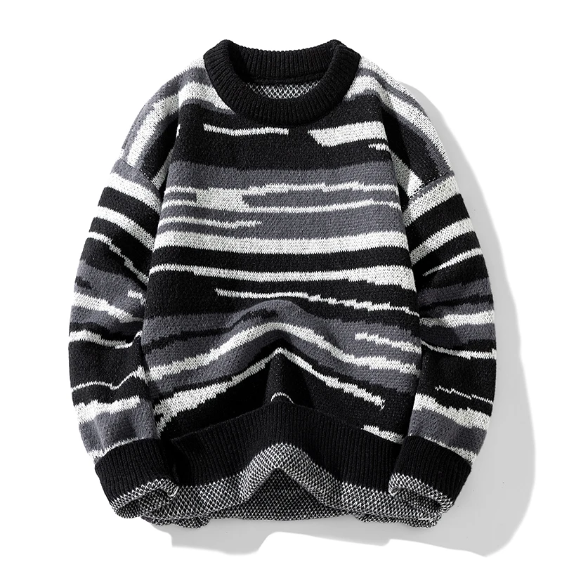 Japanese Collision Knitwear Retro Couple Street Striped Sweater Winter Men Women Loose Sweater Round Neck Pullover Knitting