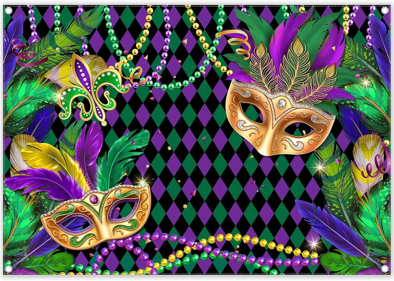 Mardi Gras Masquerade Photography Backdrop, Carnival Fiesta Purple Green Gold Beads Mask Party Photo Banner Decor