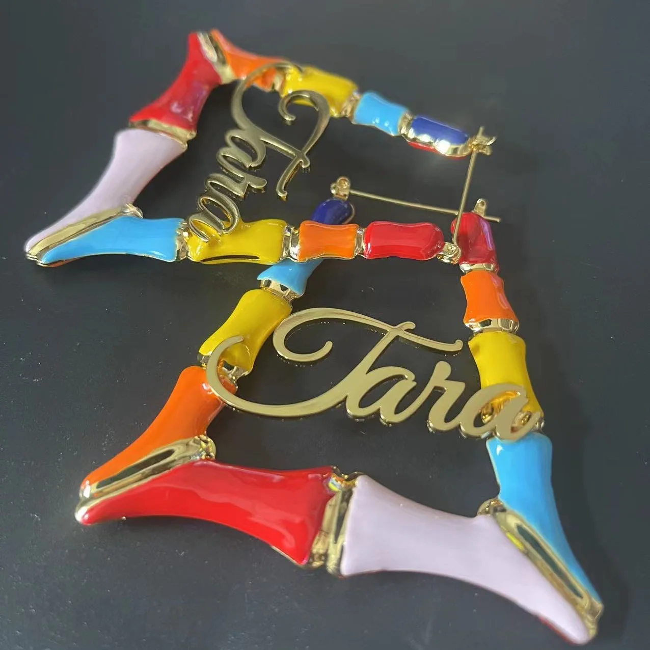Personalized Bamboo Hoop Earrings Trapezoid Earrings Bling Name Enamel Earrings Colorful Oil Custom Name Earrings for Women Gift