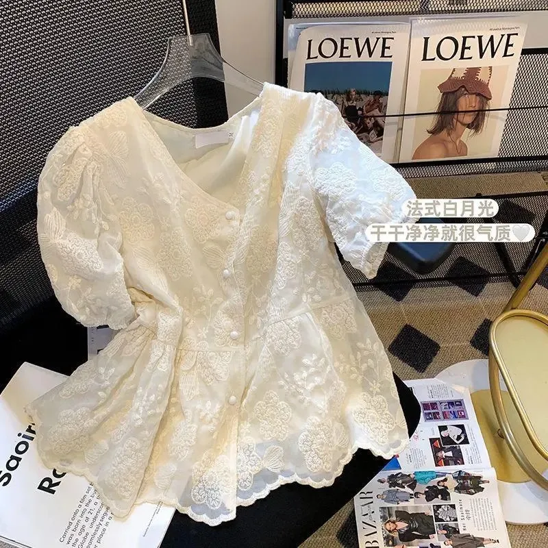 

Женская кружевная блузка с круглым вырезом, полностью вышитая, с расклешенным подолом