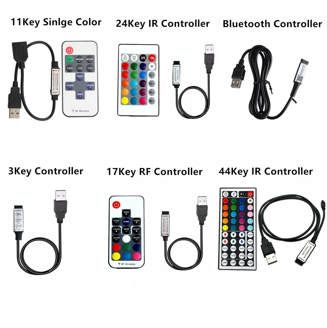 DC 5 V USB LED 스트립 조명, RGB 컨트롤러, IR 블루투스 리모컨, RF 무선 리모컨, 5 V 볼트 LED 스트립 조명용