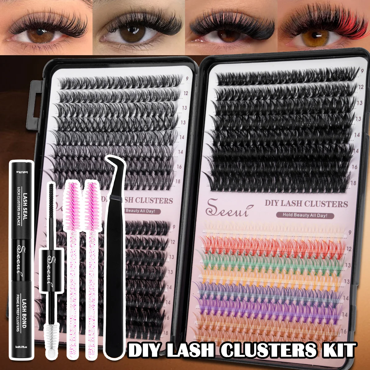 Wimpernbüschel-Set, Einzelne Wimpernbüschel-Verlängerungen, Wispy-Wimpern mit Wimpernkleber und Versiegelungsmittel sowie Pinzetten, Mix-Stile, Halloween – Detail 11