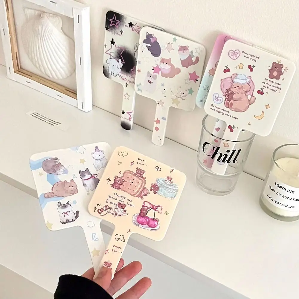 Cute Handheld Vanity Mirror High Definition Ins Style Makeup Mirror Cartoon Pattern Printing High Appearance Level