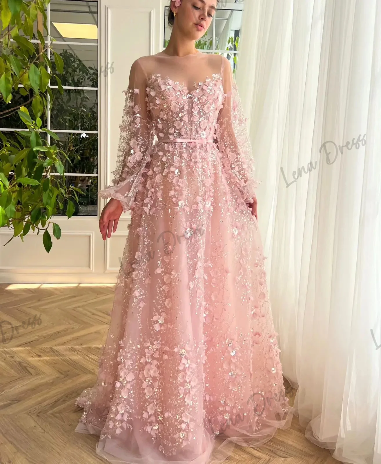 Lena Pink Elegant Party Dresses for Women Luxury Dresses Women 2024 Line A Long Sleeves Hand Embroidery Floral Lace Round Neck