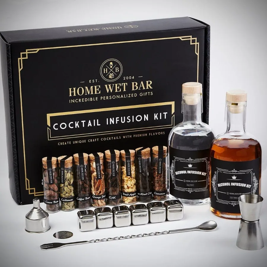 

Premium DIY Whiskey Making Kit 15Piece Cocktail Infusion Set with Recipe Guide Glass Bottles Stainless Cubes and Bar Tools Idea