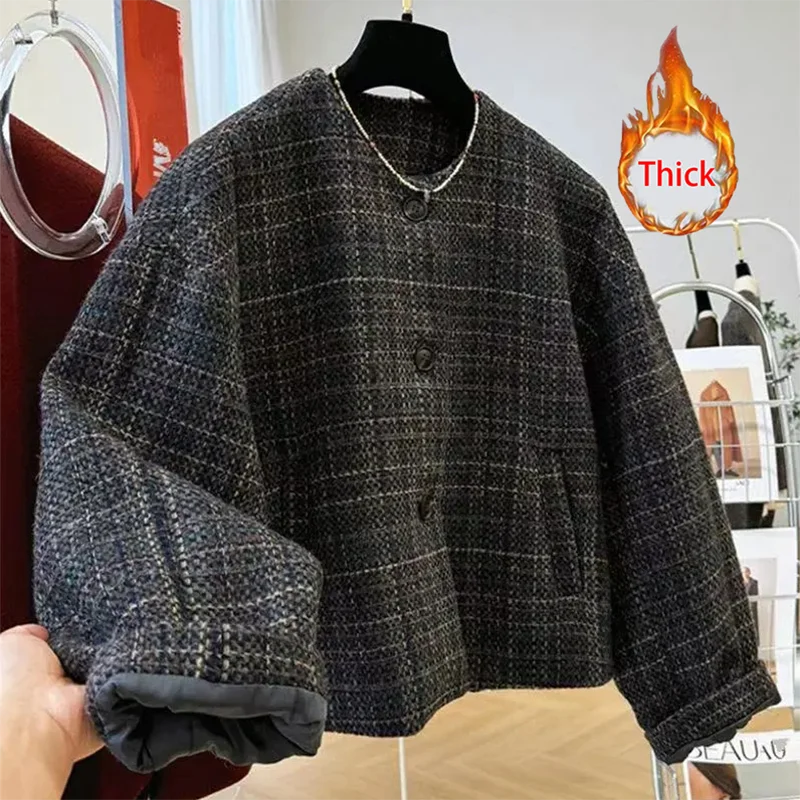 Korean Vintage Crop Woolen Coats Women Autumn Winter Thick Long Sleeve Jacket Button O Neck Retro Office Lady Short Outwear New