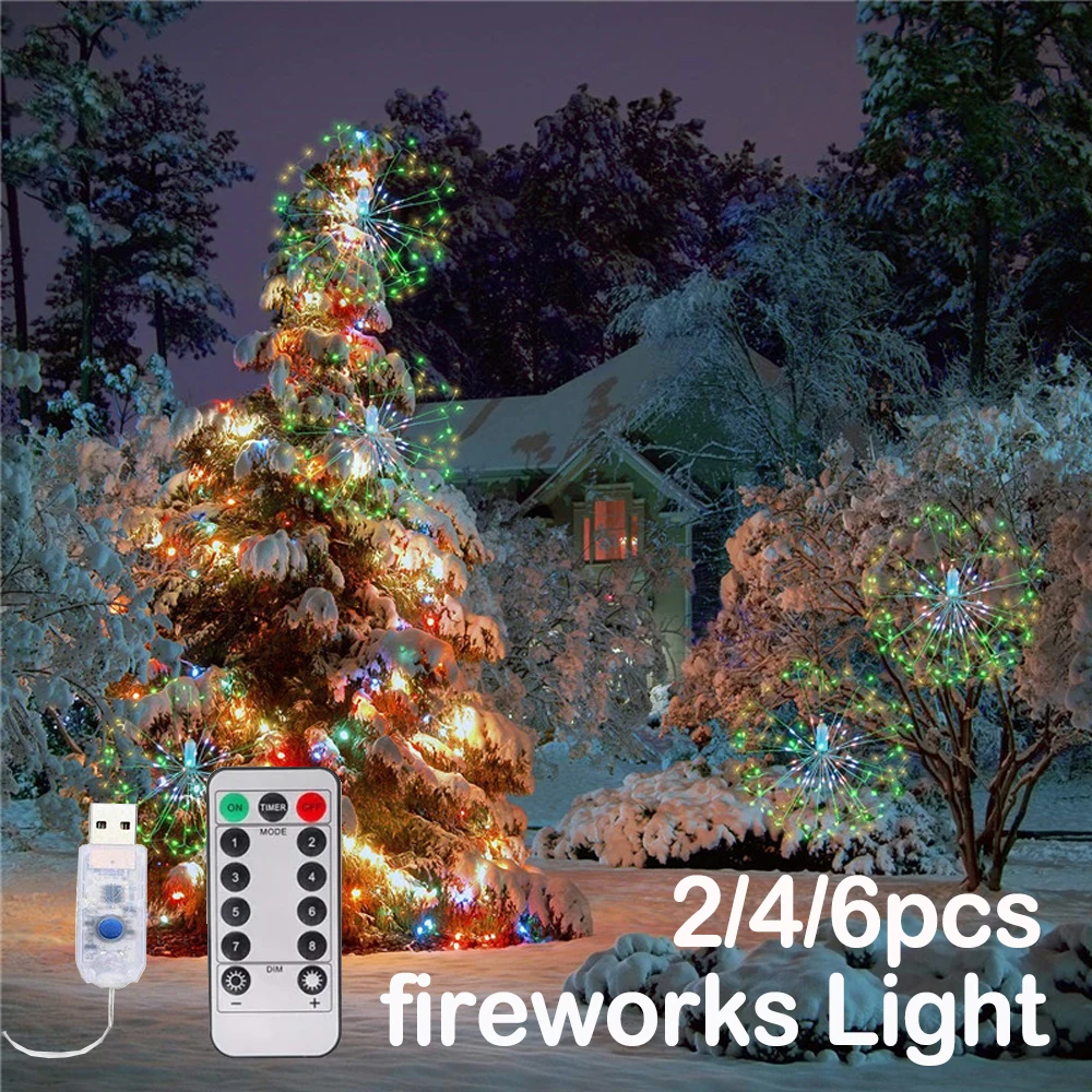 LED Firework Light 2x 4x 6x USB Powered Hanging Fairy Lights DIY Starburst Lamp for Garden Christmas Garland Festival Decor