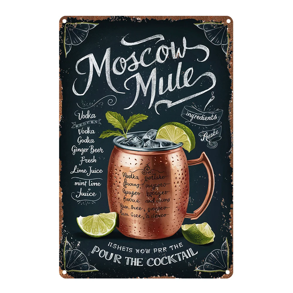 لافتة فنية جدارية من الألومنيوم على الطراز العتيق "Moscow Mule" تصميم أنيق للمكونات المخطوطة والمصورة