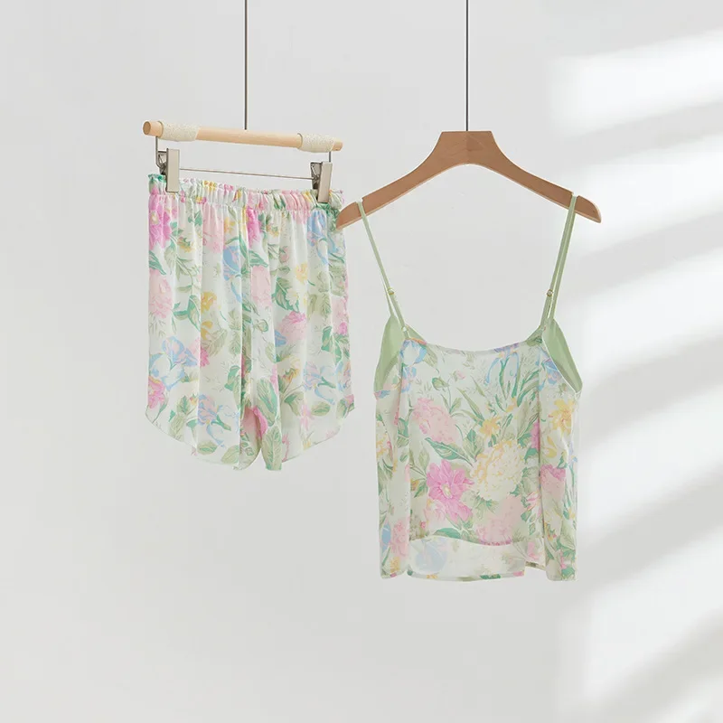 Summer Women\'s Clothing Satin Mint Green Printing Suspender Shorts Pajamas for Women Viscose Floral Sexy Sleepwear 2 Piece Set