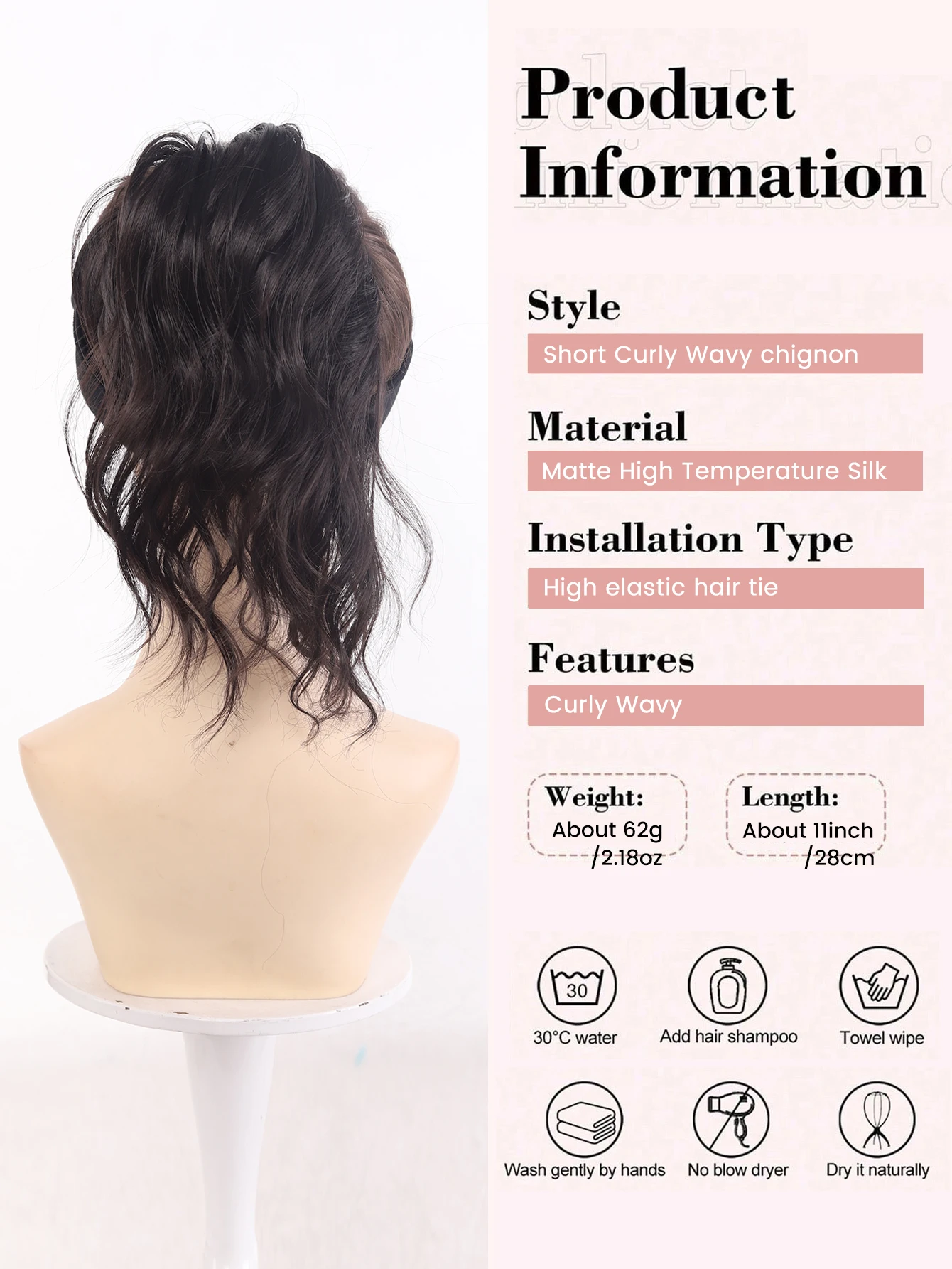 Bun Chignon with Rubber Band Fluffy Hairpiece Synthetic Short Curly Wavy Black Ponytail Extensions Wig for Women Daily Party Use