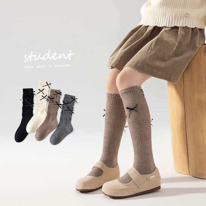 Lovely Girls Spring Autumn Princess Knee‑High Slouchy Socks Delicate Multiple Small Black Ribbon Bows Anti‑Pilling Stretch Socks