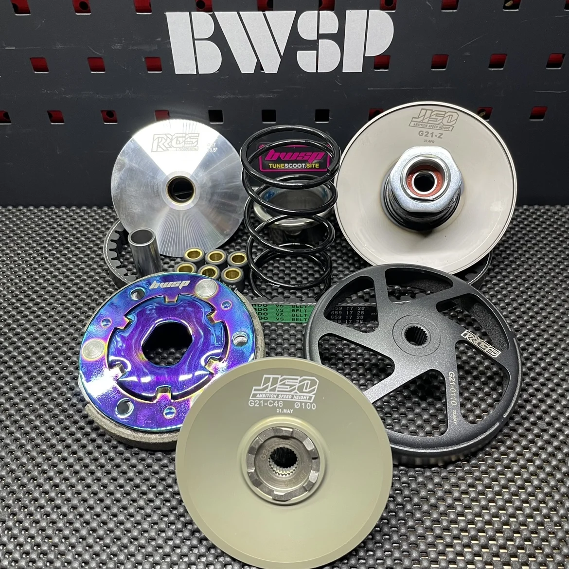 Transmission Set For Dio50 Af18 With 97mm Variator And Oversized Clutch Billet Bell 110mm Rainbow Pads Bwsp Dio Cvt Kit