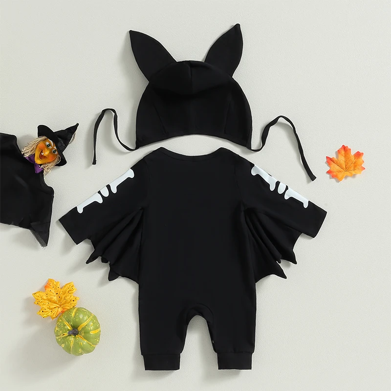 Baby Halloween Outfit Long Sleeve Crew Neck Skeleton Print Bat Jumpsuit with Hat for Girls Boys