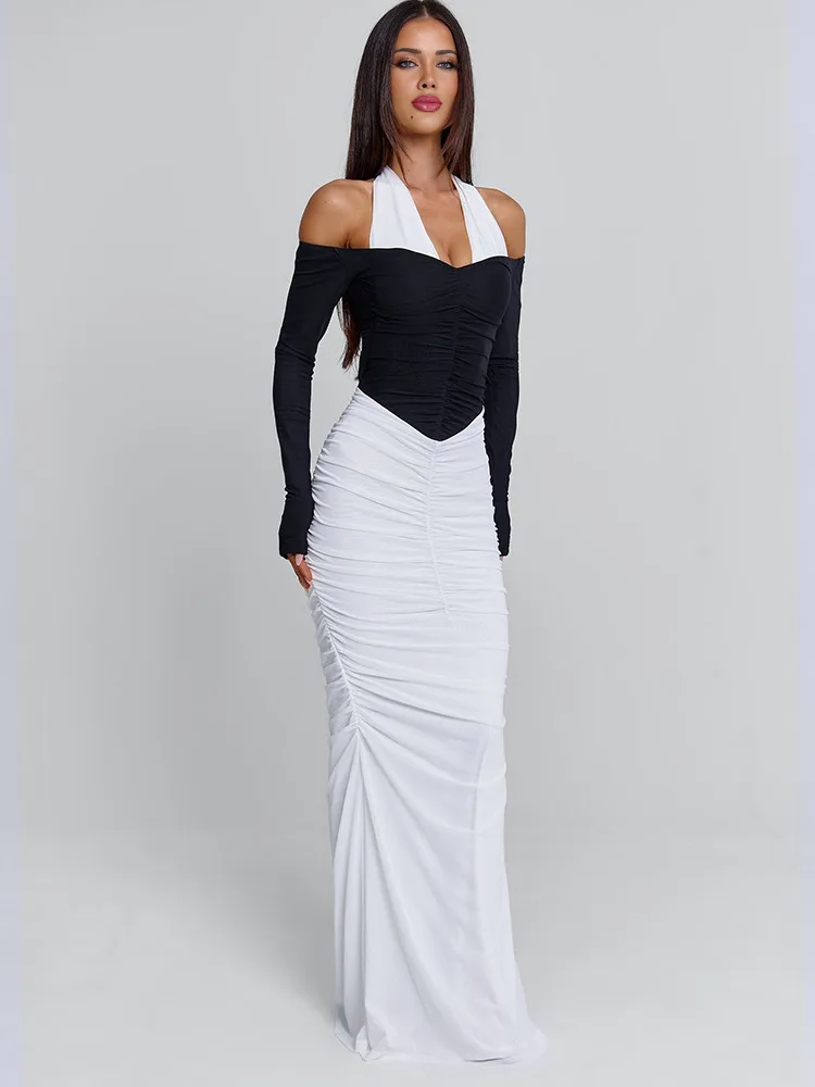 Sukienka maxi z odkrytymi ramionami, długim rękawem i kontrastowymi kolorami Sibybo, elegancka sukienka damska z patchworkiem, wiązana na szyi, z odkrytymi plecami, marszczona, dopasowana sukienka na imprezę.