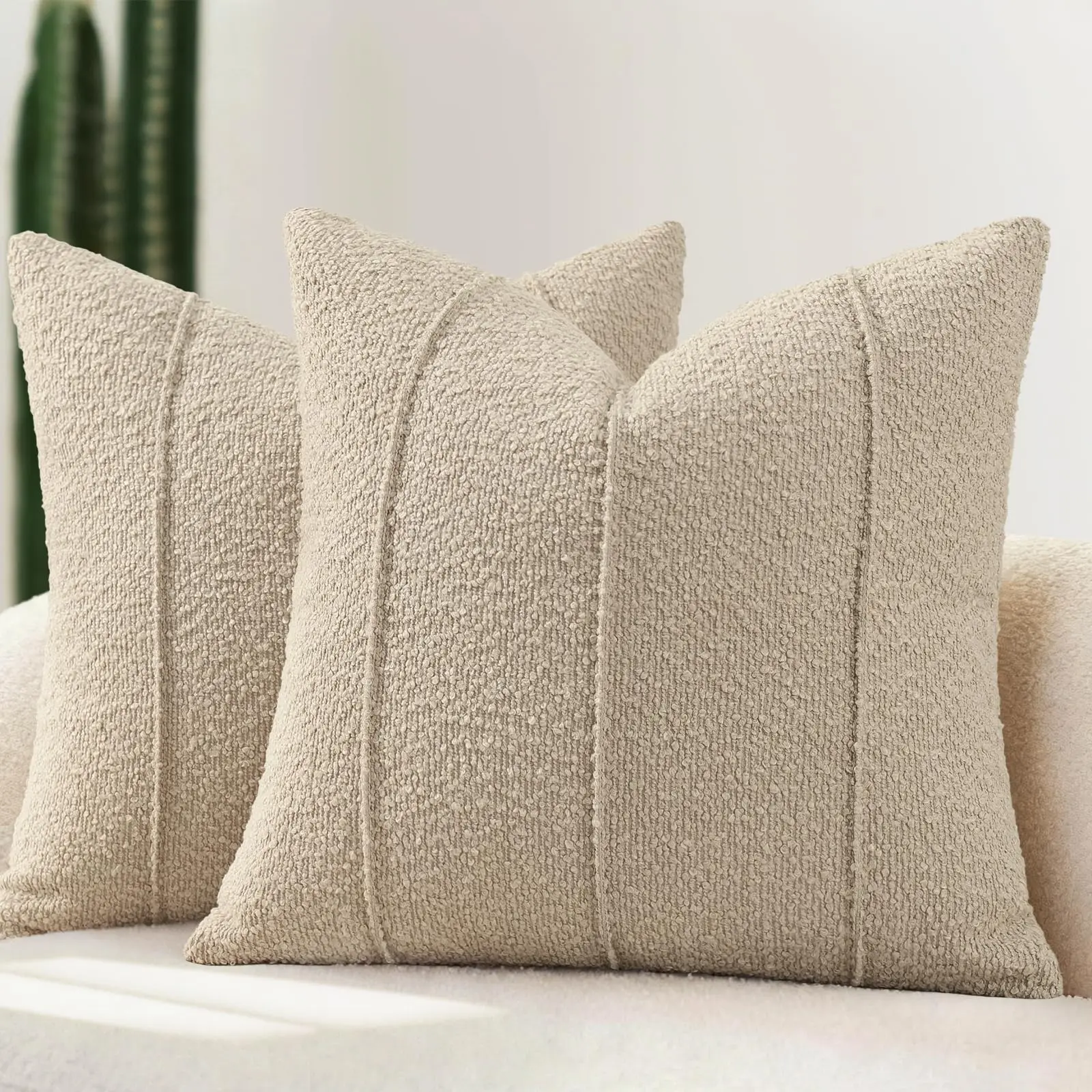 Textured Boucle Throw Pillow Covers 18x18 Pack of 2 - Soft Neutral Striped Cushion Covers, Cozy Accent Decorative Pillow Covers