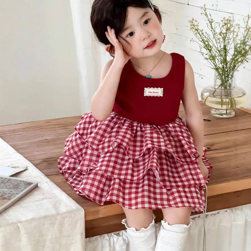 Girls Red & White Gingham Dress, Sleeveless Tiered Skirt Sundress, Cute Plaid A-Line Summer Outfit for Toddler & Little Girls