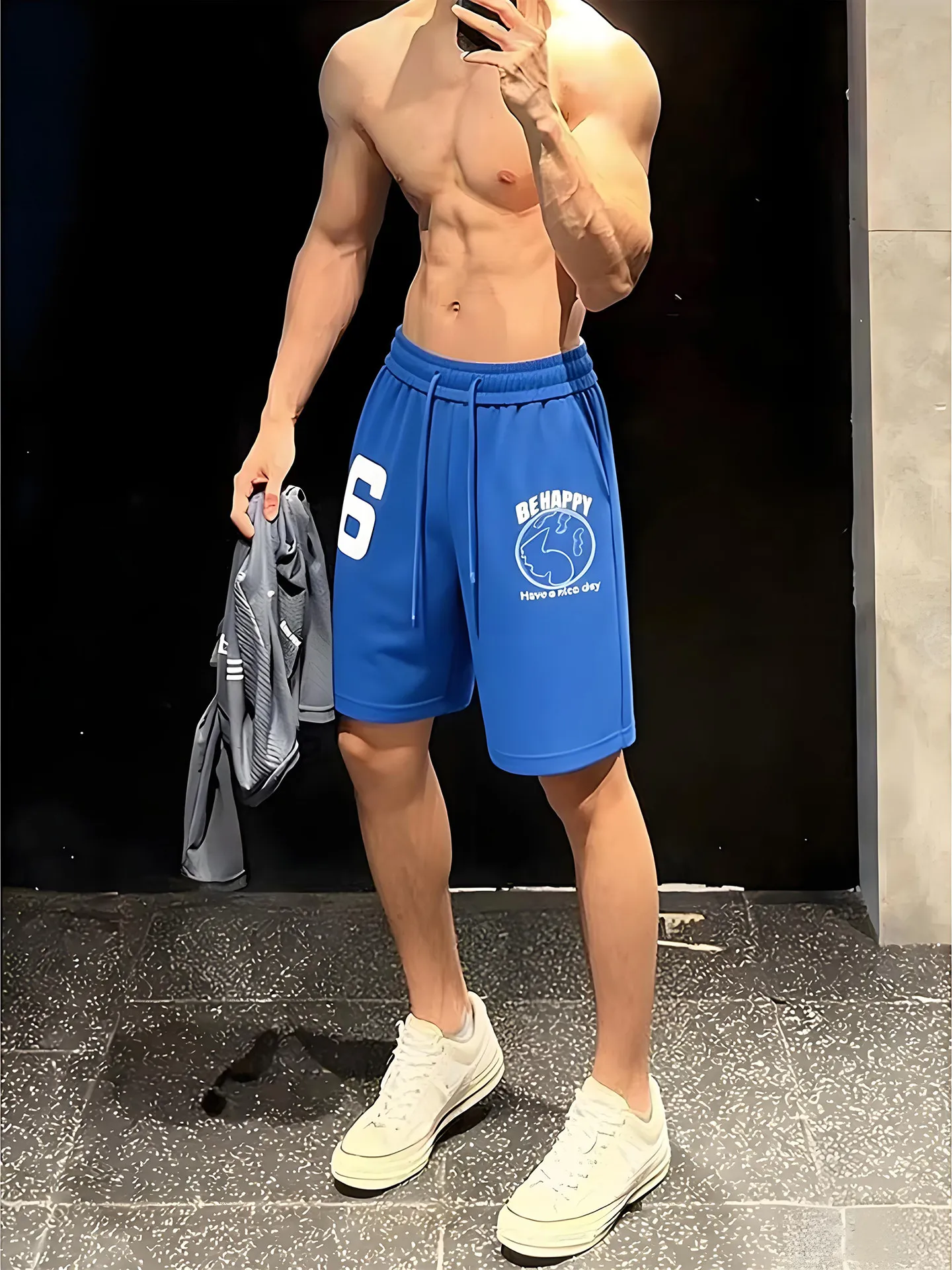 

Blue Printed Lettering Sports Shorts Men's Summer Casual Loose Fitness Training Pants Five-Quarter Length Straight Leg Trousers
