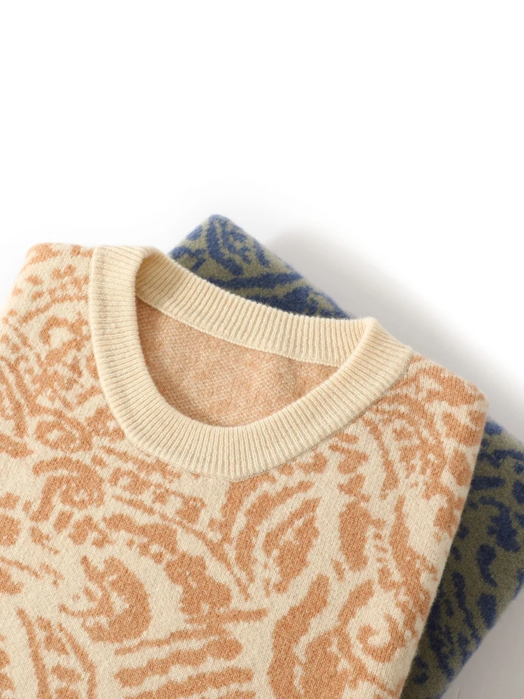 Printed 100% Merino Wool Sweater For Men O-neck Knit Warm Pullover Autumn Winter Thick Long Sleeve Top Casual Business Clothing
