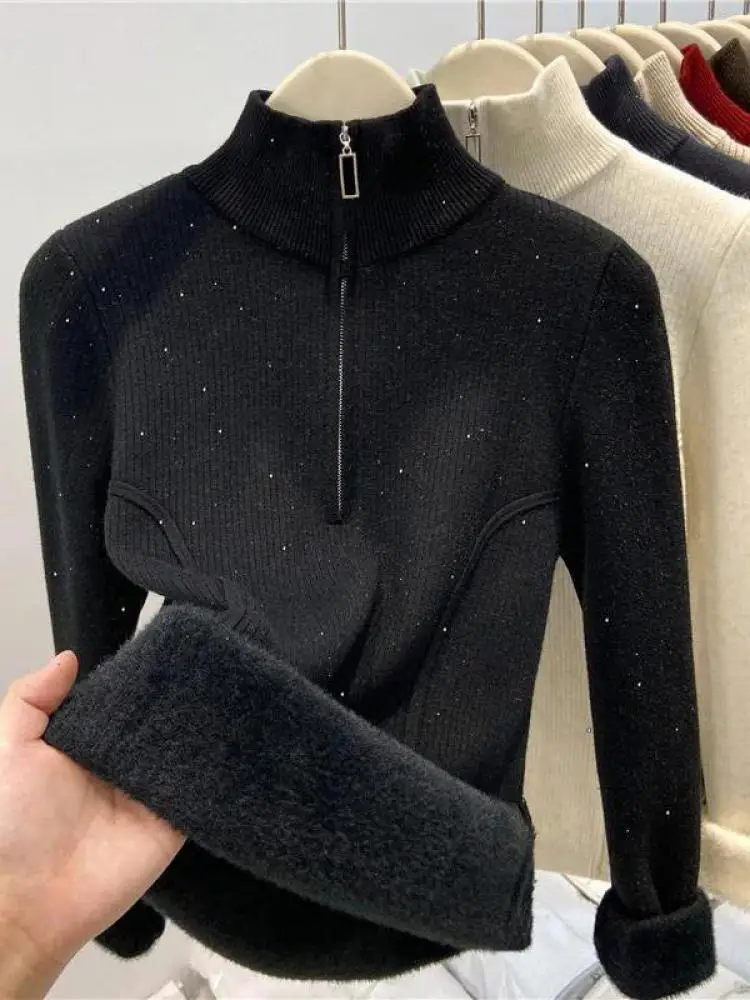 

Корейский осенне-зимний новый однотонный бархатный свитер с длинными рукавами и полумолнией для женщин, праздничный теплый толстый пуловер, короткие вязаные топы