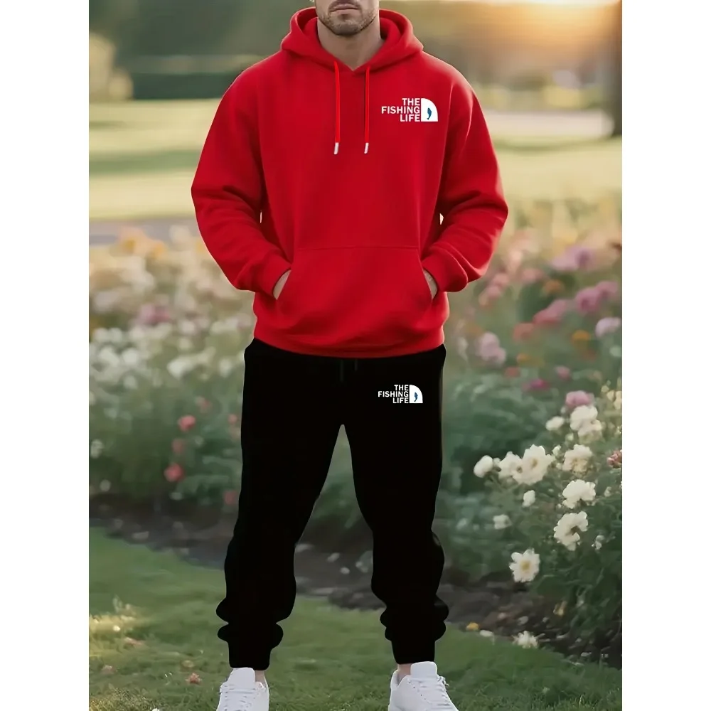 ملابس رياضية كاجوال للرجال في فصل الشتاء - سترة بقلنسوة متينة وسميكة مع مجموعة سراويل ضيقة دافئة