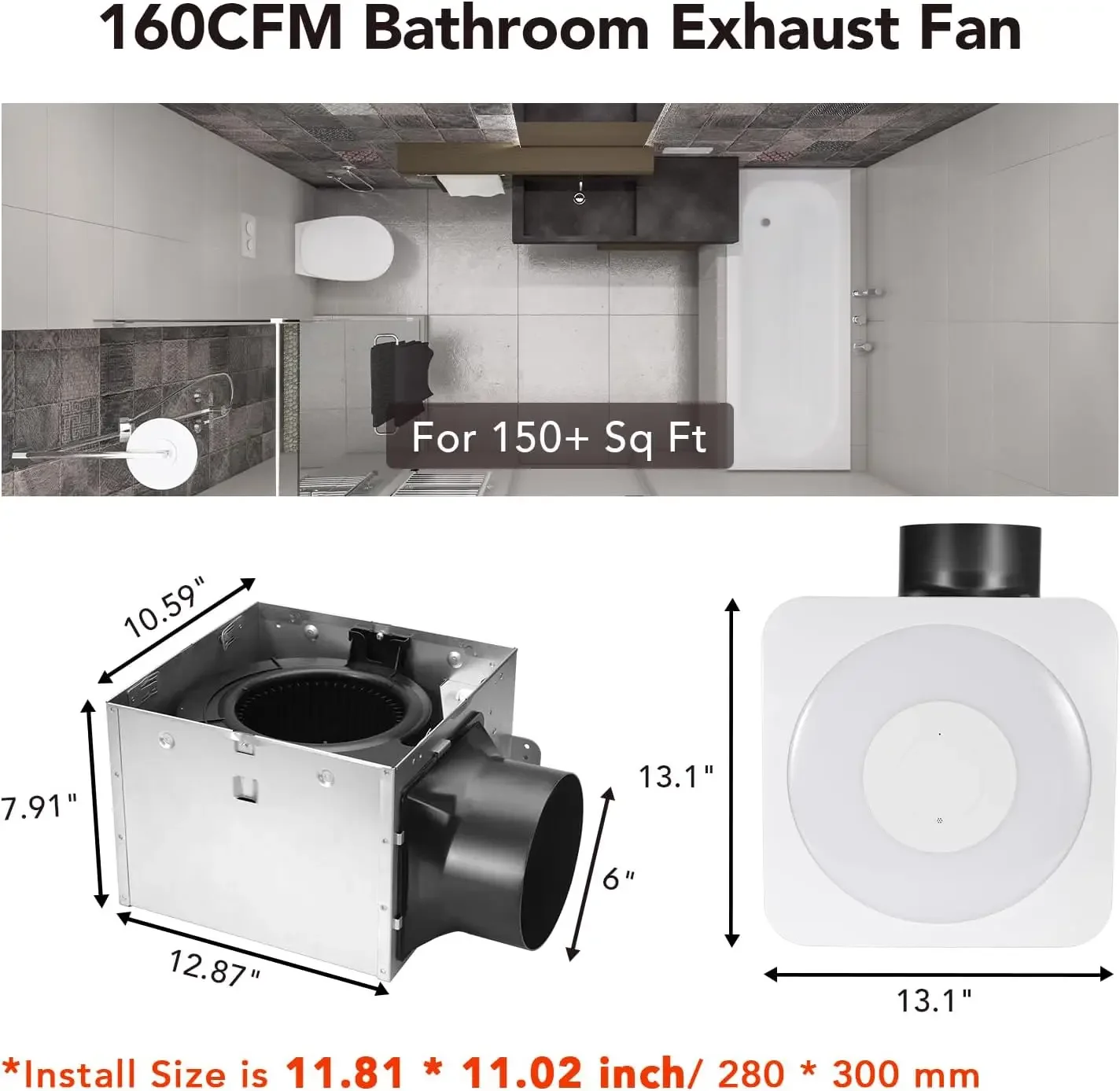 OL003 Aspiratore da bagno con luce, Ventilatore da bagno da 40 W con sensore di umidità, Ventilatore da bagno 160 CFM 1.0 Sones con luce