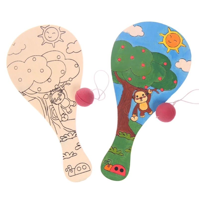 Q0KB 1PC Brain Developmental Mini Hand Painting Racket for Baby Toddlers Wooden Racket Educational Preschool Paddle Ball Toys