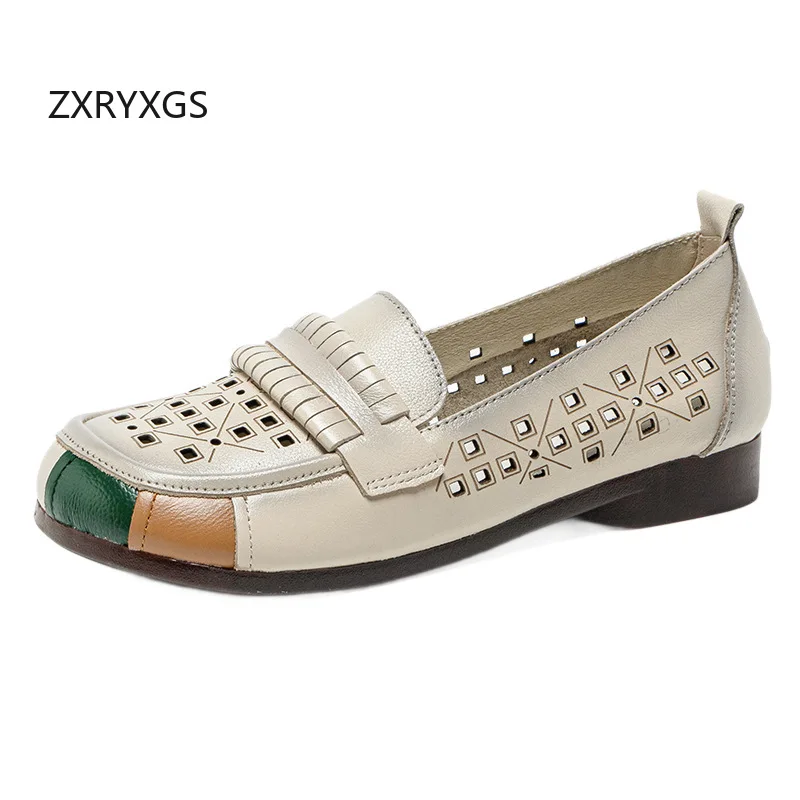 ZXRYXGS 2026 Soft Cowhide Hollow Spell Colors Spring Summer Flats Breathable Sandals Women's Comfortable Soft Sole Trendy Shoes