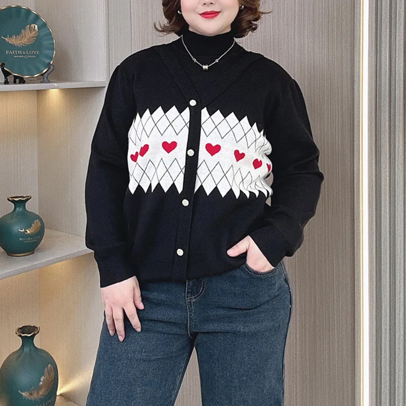 

Fake Two Pieces Plus Size Sweater Winter Block Color Jacquard Mock Neck Knitted Pullover Jumper 666