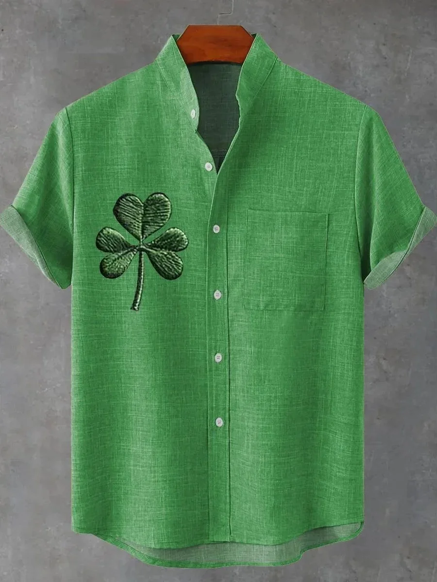 

New Hawaiian Shirt Men's 3D Four-Leaf Clover Print High Quality Casual Linen Stand Collar Fashion Short Sleeve Shirt