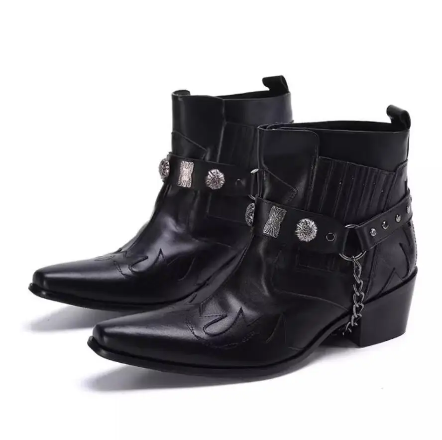 

Metal Rivets&Chains Embellished Chunky Heels Ankle Short Chelsea Boots Men Pointed Toe Genuine Leather Patchwork Slip-on Shoes