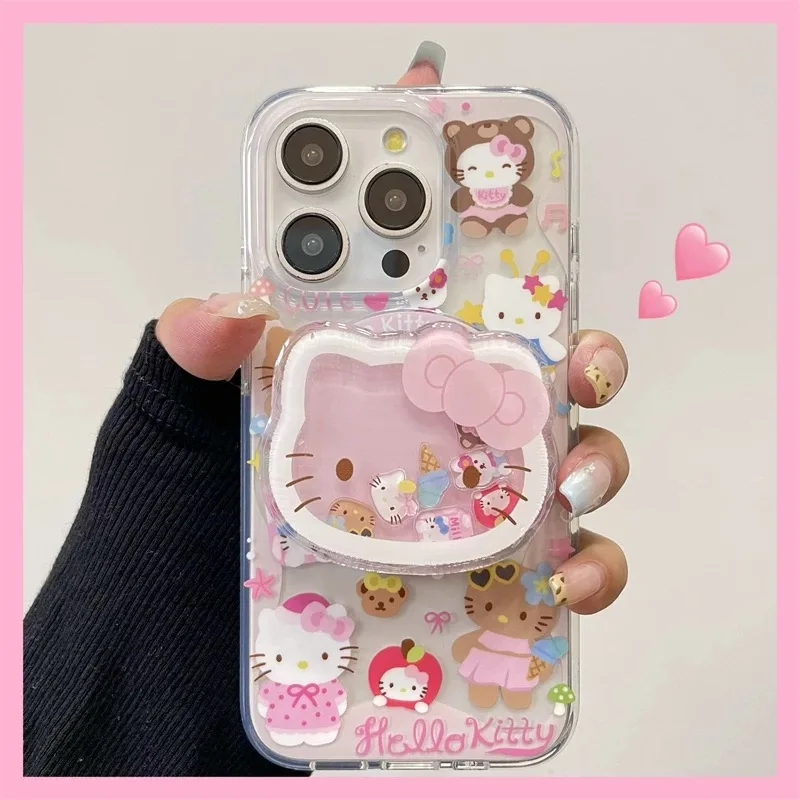 Cute Mermaid Hello Kitty Cartoon KT Stand Clear Soft  Phone Case For  iPhone X 13 12 11 14 15 16 Pro Max Lovely KT Shake Holder
