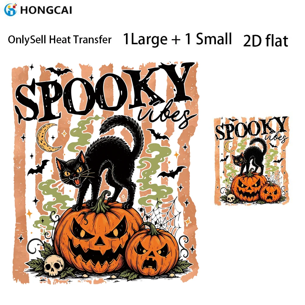 Spooky 2Pcs Black Cat Pumpkin Iron On Vinyl Halloween Cobweb Art Heat Transfers No Wrinkle No Curl Machine Wash Hand Wash Safe