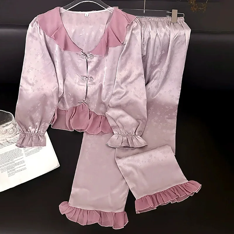 

2025 весенний новый пижамный костюм, женский элегантный атласный домашний костюм, жаккардовые брюки с рюшами и цветочным принтом, костюм из 2 предметов, одежда для сна, ночное белье