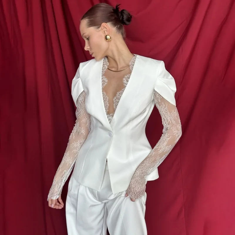 

Tuularose Elegant Lace Blazer Women's Luxury Lace Patchwork Sheer Blazer Fashion High-Street Chic Office Lady New Female Blazer