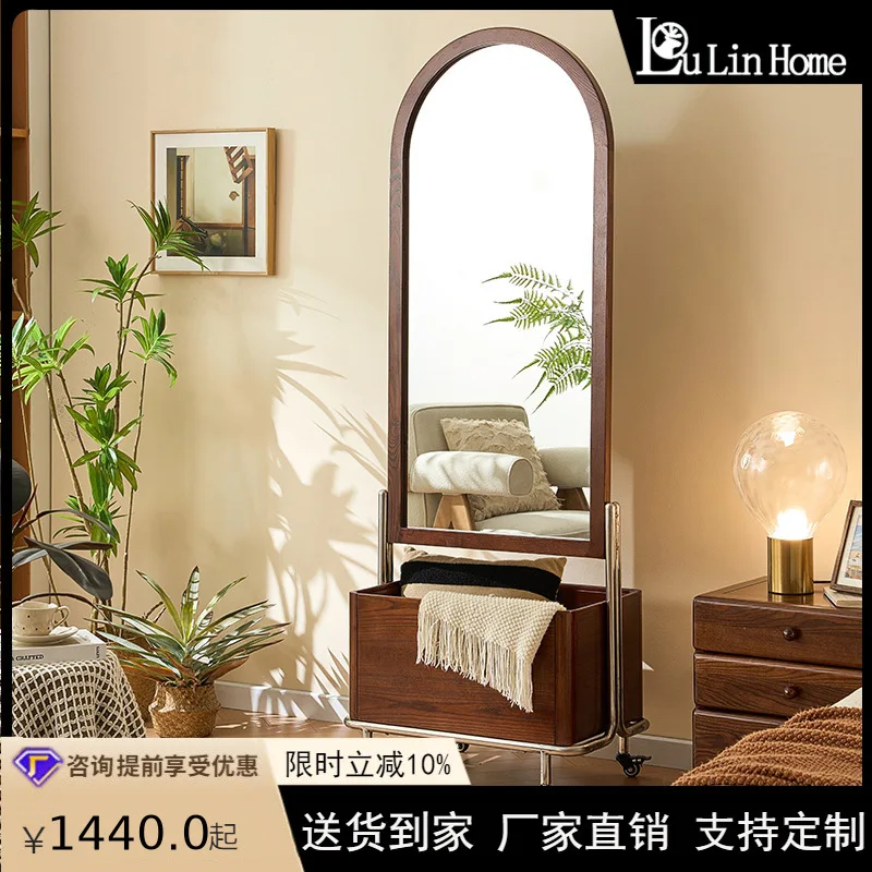 Wabi-sabi style solid wood clothes rack for home use, integrated with full-length mirror, coat rack, b&b