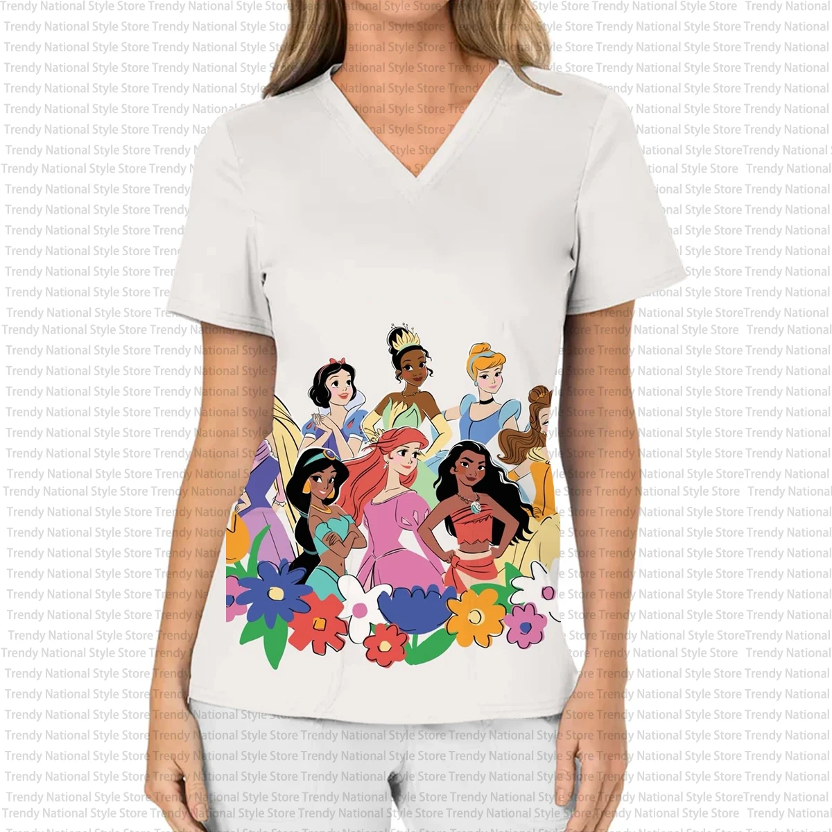 Summer New Arrival Women's Work Nursing Uniform Disney Princess Kaii Print V-Neck Pocket Frosted Top Dental Pet Shop T-Shirt