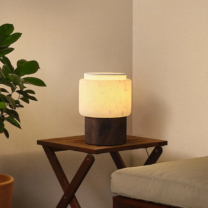

Spanish Snowflake Marble Table Lamp With Solid Walnut Base, Mid-Century Modern Desk Light For Living Room & Bedroom
