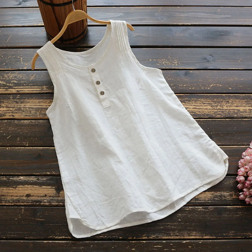 Women Summer Loose Casual Tank Shirt Plus Size Sleeveless O-Neck Cotton Linen Vest Beach vacation Vintage Solid Vest Blusas